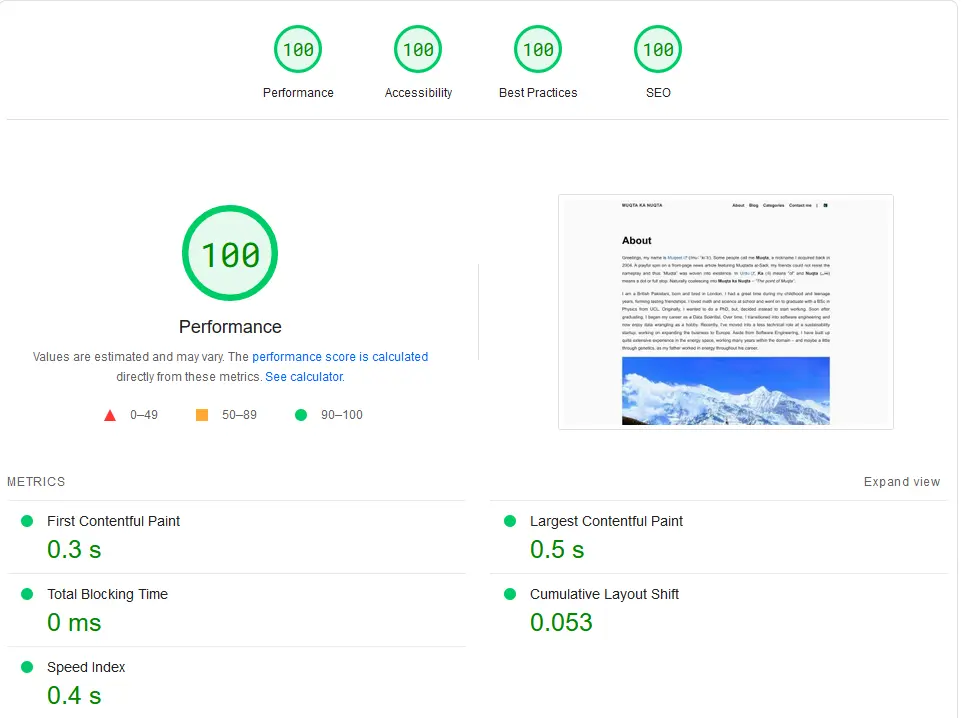 Benchmark results for my /about page